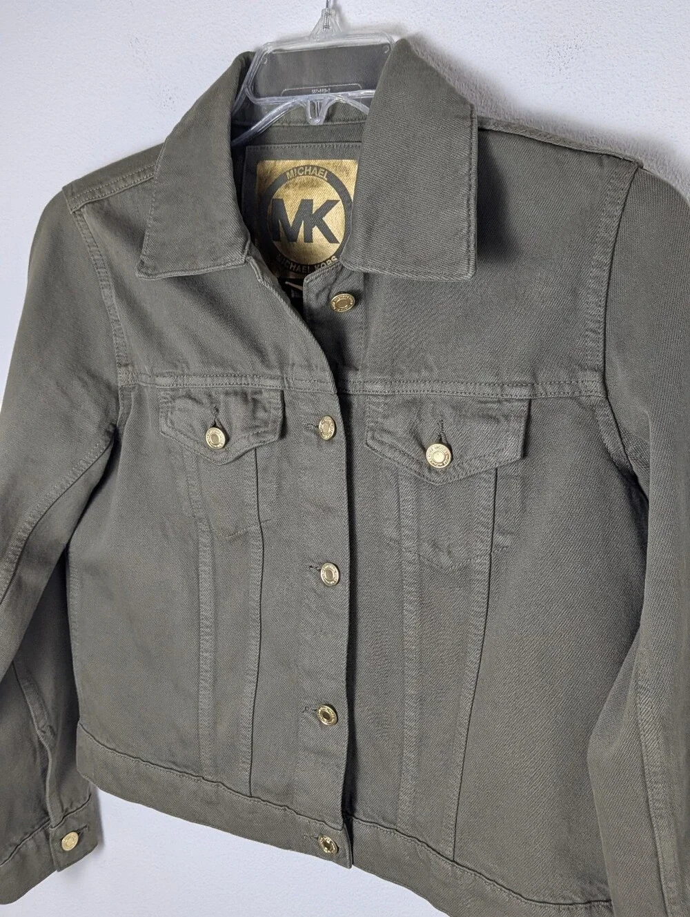 Michael Kors Denim Jacket Women Sz M Olive Green Gold Button Trucker Coat EUC